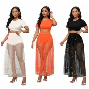 Channel Short Sleeve T Shirt Matching With Beaded Mesh Maxi Skirt With Shorts Three Piece Outfits For Women Summer 2024