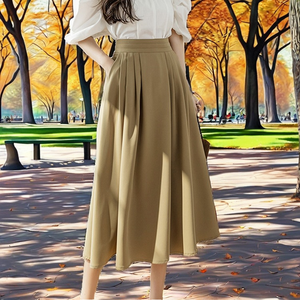 Jupe trapèze plissée élégante en mousseline de viscose douce, taille haute, longueur mi-mollet, couleur unie, pour femme - Product Image 2