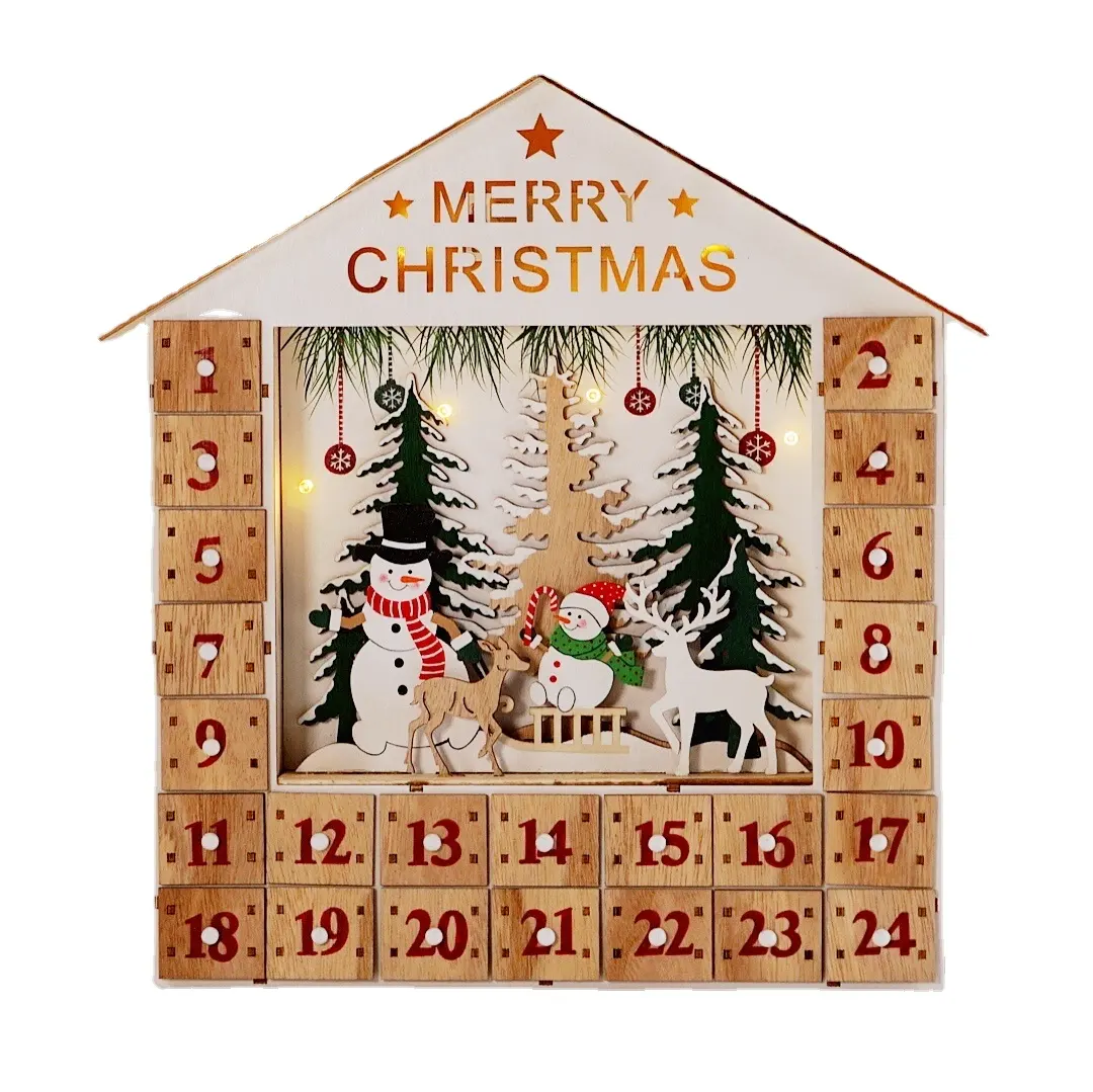 Xmas Wooden House-Type Santa 24 Days Advent Calendar Christmas Lighting Table Top Decoration 2021