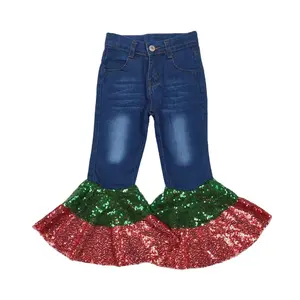 RTS Ready To Ship Baby Girls Christmas Navy Green Red Sequin Ruffle Boutique Pockets Flare Wholesale Kids Children Denim Jeans