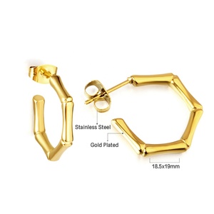 High Quality <b>Fashion</b> Jewelry 18k Gold Plated Huggie <b>Earrings</b> Stainless Steel Bamboo Shape Geometric <b>Hoop</b> <b>Earrings</b> for Women - Product Image 2