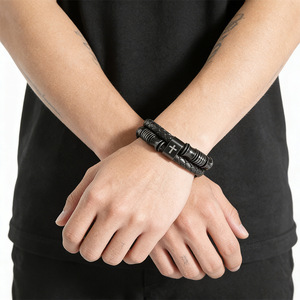 Men's Double Layer Woven <b>Leather</b> <b>Bracelet</b> Black Stainless Steel Cross Design 7.5 8.5 9 Inches Gift Jewelry - Product Image 2