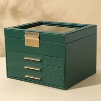 Boîte en bois pour bijoux en MDF à fenêtre à trois couches de grande capacité Mallette de rangement en or pour bracelets et bagues Style bambou en bois