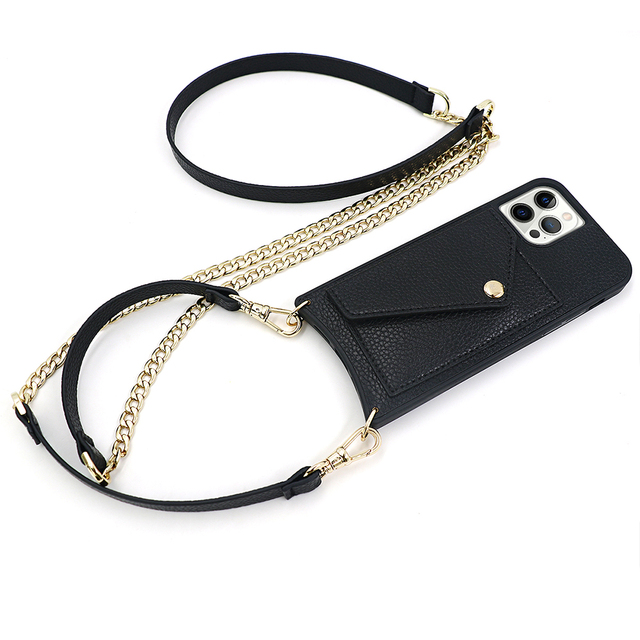 Hot Black Utility Crossbody Pu Leather Detach Phone Chain case Cover for iphone 14 case