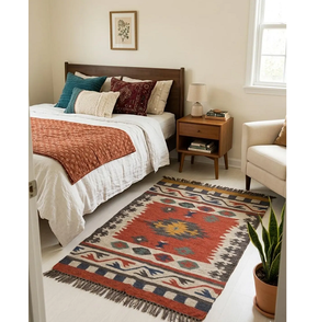 Tapis du Sud-Ouest en laine et jute fait main |   Tapis géométrique tribal rouge bohème pour salon, chambre, couloir, décoration intérieure de style farmhouse - Product Image 1
