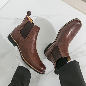 Bottes de cowboy classiques pour hommes, bottes Chelsea à bout carré noires pour hommes, bottes en cuir à la cheville, bottes décontractées rétro élégantes pour hommes - Product Image 2