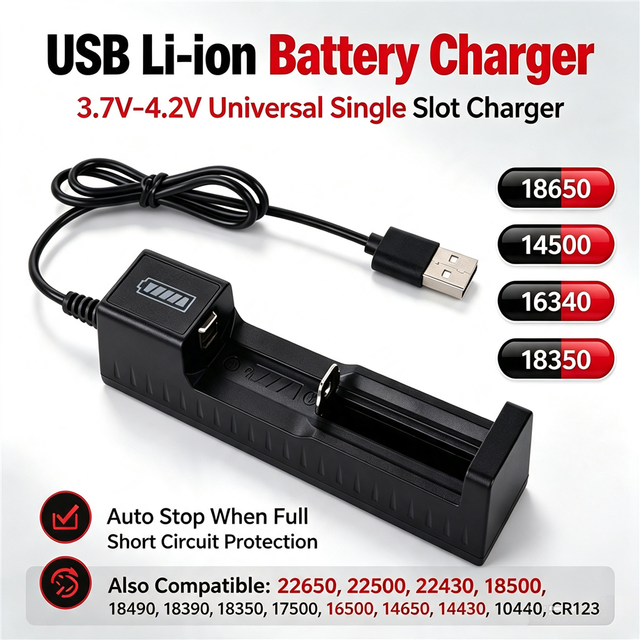 USB Li-ion Battery Charger 4.2V Output, Universal Smart Charger for 3.7V Rechargeable Lithium Battery 18650 14500 16340 18350