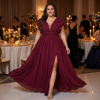 Robe de Demoiselle d'Honneur Grande Taille en Chiffon Coupe Trapèze, Col en V Profond, Manches Volantes, Taille Froncée, Fente Haute, Longueur Maxi