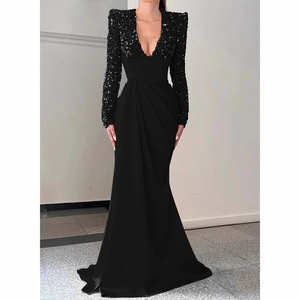 Vestido de noche de manga larga con cuello en V y lentejuelas, estilo sirena, formal, para mujer - Product Image 3