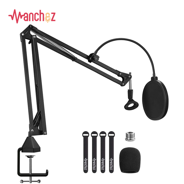Manchez M-20 Microphone Arm Stand, Adjustable Suspension Boom Scissor Mic Stand With Pop Filter, Upgraded Heavy Duty Clip