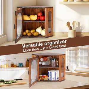 Boîte à pain rectangulaire en bois naturel à 2 niveaux, conteneur de rangement écologique et étanche avec fenêtre en acrylique vintage - Product Image 5