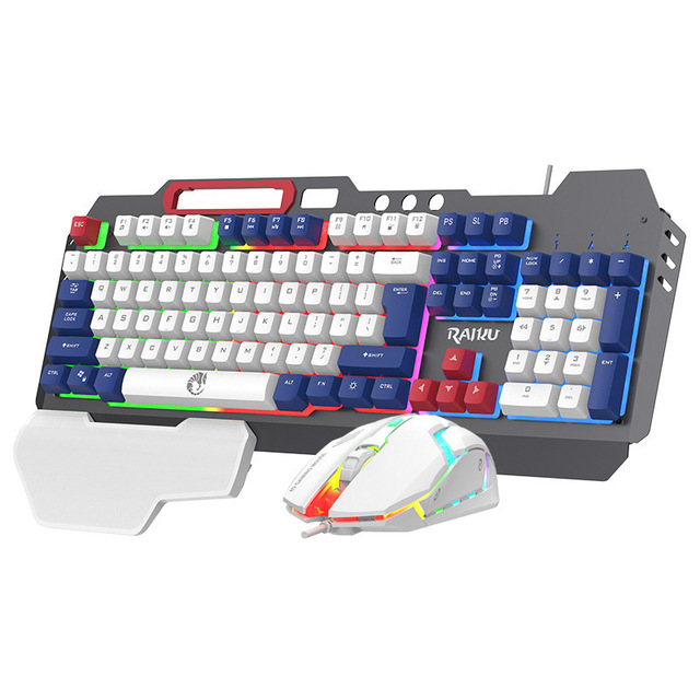 RAIKU Fashionable Three-Tone Metal Wired 104-Key USB LED Glowing Keyboard Mouse Set Wrist Support 1600 DPI Ergonomic Design