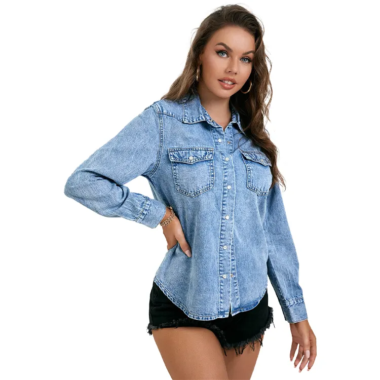 Camisa suave de tela vaquera de manga larga suelta de primavera y otoño personalizada recién llegada al por mayor blusa de oficina para mujer camisa