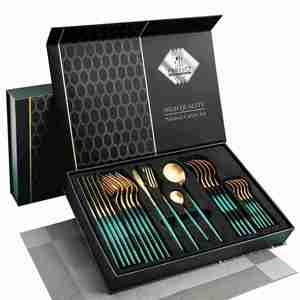 Ensemble de couverts modernes jetables en acier inoxydable 304 de haute qualité, écologiques, dorés et noirs, 72 pièces (24 pièces) - Product Image 6