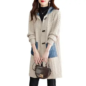 Fashion lady autumn new arrival ladies plus size loose cable knit jeans hooded sweater coat