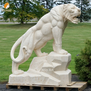 Estatuas de Tigre de Mármol Blanco Beige Talladas a Mano de Tamaño Real, de Piedra Natural para Exteriores, de Alta Calidad - Product Image 4