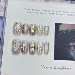 Ongles Courts Carrés Faits Main à Coller, Motif Lune et Étoiles Dorées Célestes, Paillettes Argentées, Ongles <span class=keywords><strong>de</strong></span> Luxe Réutilisables en Gros - Product Image 4