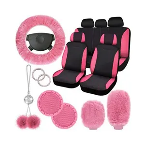 17pcs Polyester Car Seat Covers Full Set Rear Front Seat Protector Rear View Mirror Hanging Ornament Steering Wheel Cover Seat B