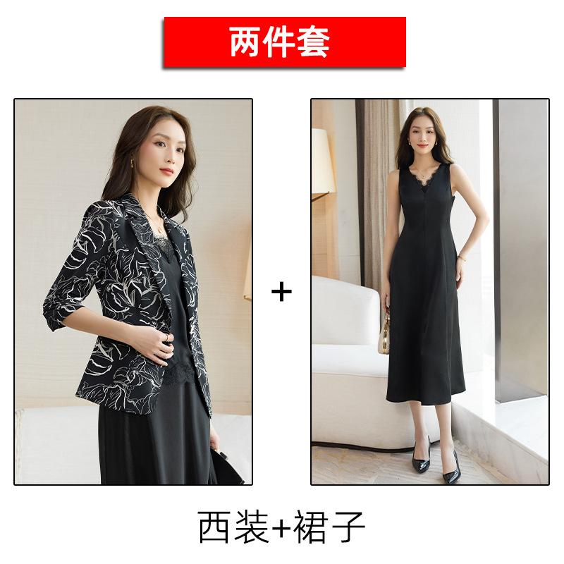 Black floral suit and black dress
