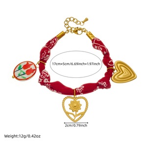 <b>Red</b> Fabric Printed Rope Chain Gold Plated Heart Flower Ceramic Pendant <b>Bracelet</b> Women's Everyday Wear - Product Image 4