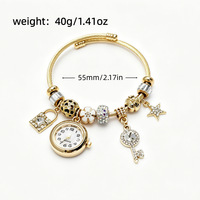 Gelang Jam Tangan Wanita Mewah Model Pan Bahan Stainless Steel Berhias Manik-Manik yang Dapat Disesuaikan, Liontin Kunci Bintang Kreatif, Jam Tangan Bergaya