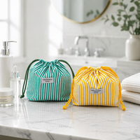 Pochette cosmétique rayée à cordon de serrage, pochette à maquillage en toile, organiseur de toilette, sac de rangement de voyage, sac de toilette portable pour femmes et filles