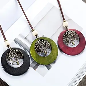 Handmade Wood Wafer Tree of Life Shaped Long Rope Sweater Pendant Necklace Jewelry for Woman