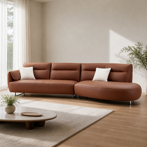 Curved Chaise Leather <b>Sofa</b> L Shape Sectional Rounded End Slim Metal Legs Modern Living Room Hotel Villa Bedroom - Product Image 1