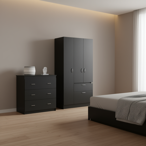 ตู้เสื้อผ้าคาร์ตาเฮนาและตู้ลิ้นชักสามชั้นคาปรีสีดำ ชุดห้องนอน เฟอร์นิเจอร์เก็บของทันสมัย - Product Image 2