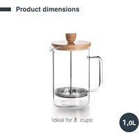 Cafetière à piston manuelle 350ml/600ml 800ml/1000ml avec couvercle en bambou et filtre en acier inoxydable 304, cafetière en verre