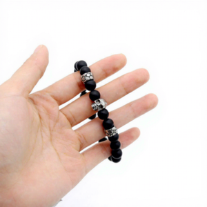 Yunnique Fashion Round Beads Bracelet 8mm <b>Matte</b> Black Agate with Antique Metal Skull Tibetan Silver Skeleton Design - Product Image 4
