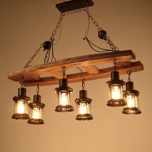 Lustre rustique en bois avec 4 lanternes en verre, suspension LED E27, lumière blanc chaud 2700K, style ferme, plafonnier chocolat, intensité variable - Product Image 3