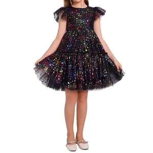 Children Girls Party Dress Stars Tulle Dresses Custom Style Kids Girls Flutter Sleeves Black Tutu Dresses For Baby Girls