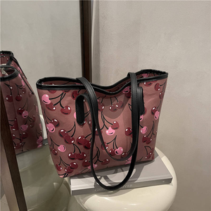 Bolsos de Mujer 2026, Nuevo Bolso Tote de PU Mediano con Cierre de Cremallera, Gran Capacidad, Estampado de Cerezas, Moderno y Sencillo, Bolsos de Diseñador - Product Image 4