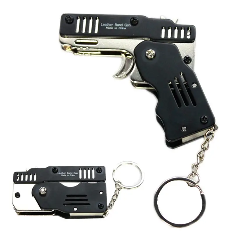 مسدس لعبة الملونة سبائك الزنك ميدالية مفاتيح معدنية يمكن أضعاف شريط مطاطي مثل سلاح الأطفال دمى هدايا ستة انفجار دمية مطاطية