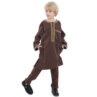 Ensemble 2 pièces de haute qualité en polyester pour garçons musulmans, broderie dorée, caftan à manches longues, robe islamique et pantalon pour les fêtes
