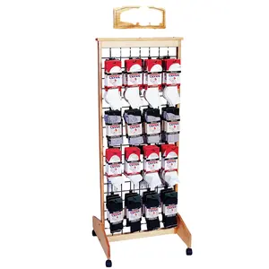 Eenvoudige Vloeren 4-Caster Beweegbare Opknoping Items Sokken Winkel Houten Frame Draad Raster Display Stand