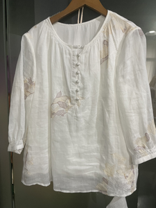 Blusa Casual <span class=keywords><strong>de</strong></span> Verano para Mujer, Blanca, <span class=keywords><strong>de</strong></span> Lino Ramie, Cuello Redondo, Botones al Frente, Bordado Floral, Puños Elásticos, Transpirable, Estilo Cottage - Product Image 1