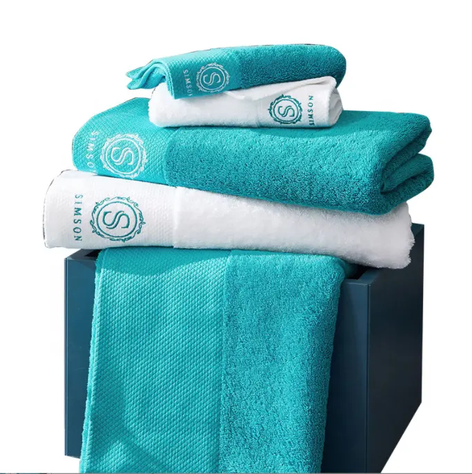 Blue white custom logo luxury good absorption soft 100% cotton bath hand towels set for bathroom hotel spa