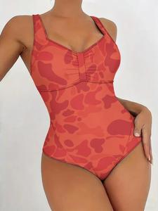 Maillot <span class=keywords><strong>de</strong></span> bain une pièce personnalisé pour femme, style vintage, vert camouflage, avec torsion devant, col halter, effet ventre plat, décolleté en V profond, motif camouflage nuage - Product Image 3