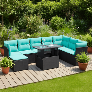 Poly Rattan Patio <b>Sofa</b> <b>Set</b> With Cushions Outdoor Garden Furniture Contemporary Style 9 Piece Black - Product Image 2