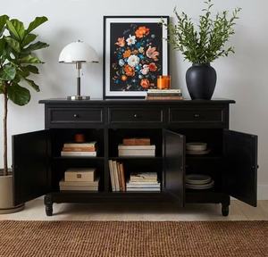 <span class=keywords><strong>Buffet</strong></span> rétro en bois massif noir - 2 tiroirs, 3 portes, avec un grand espace de rangement pour le salon et la chambre à coucher - Product Image 1