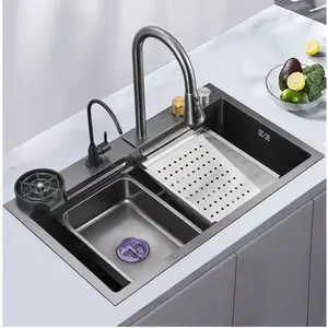 New Trend 304 SS Multifunctional One Piece Automatic Cup Washer Two Waterfall Faucet Kitchen Sinks