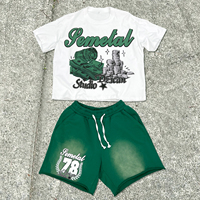 Camiseta serigrafiada de verano de alta calidad, chándales gráficos de peso pesado, pantalones cortos de algodón lavado ácido y conjuntos de camisetas para hombres