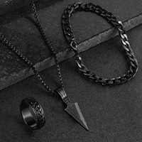 Ensemble de bijoux pour homme, 3 pièces, collier, bracelet et bague noirs, anti-ternissement, style hip-hop