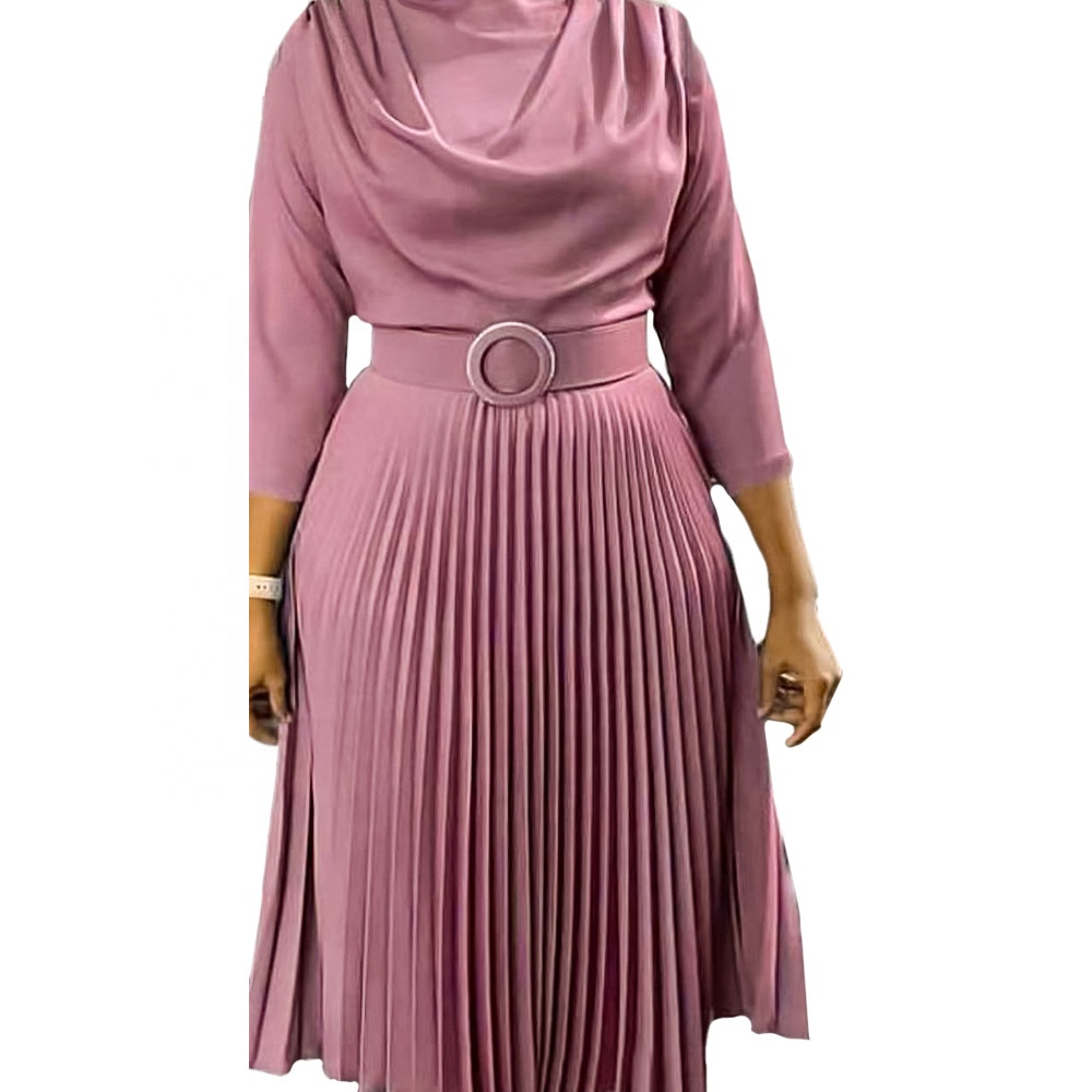 Elegant Plus Size Autumn Dress for Women - Solid Color Pleated Midi with Belt & V-neck, Perfect for Office & Latest African Style Elegant Plus Size Autumn Dress for Women - Solid Color Pleated Midi with Belt & V-neck, Perfect for Office & Latest African Style
