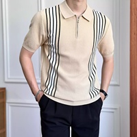 T-shirt à manches courtes pour homme, coupe ajustée, respirant, sans repassage, anti-humidité, tricoté, col à revers, demi-zip, style Old Money, en soie glacée