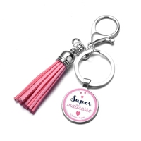 Porte-clé avec pompon, Super maîtresse, supérieure, breloque en verre, dôme de verre, pour enseignants, sac cadeau, bijoux pour hommes