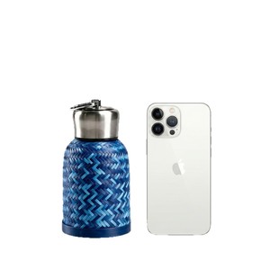 Handmade Bamboo Woven <b>Thermos</b> Cup Navy Blue Stainless Steel Travel Portable Insulated Water Bottle - Product Image 5
