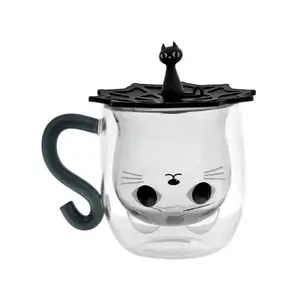 만화 귀여운 고양이 미미 더블 레이어 컵 커피 컵 우유 컵 CLASSIC 머그 투명 라운드 고 붕규산 유리 250ml 중간